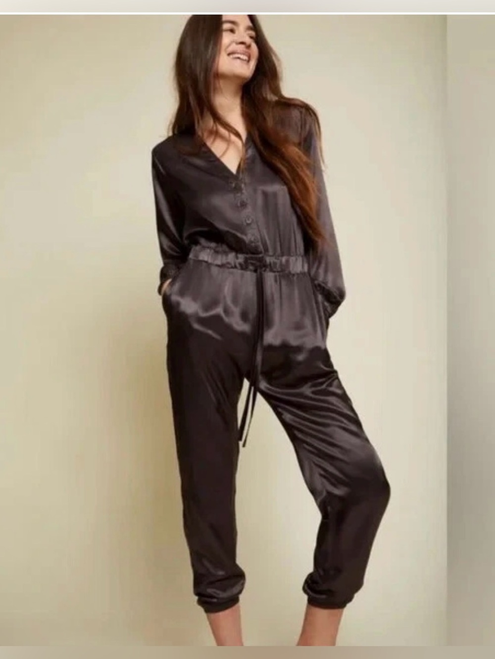 Nation Jumpsuit Small Salma Satin Crop Long Sleeve Black Drawstring Size M